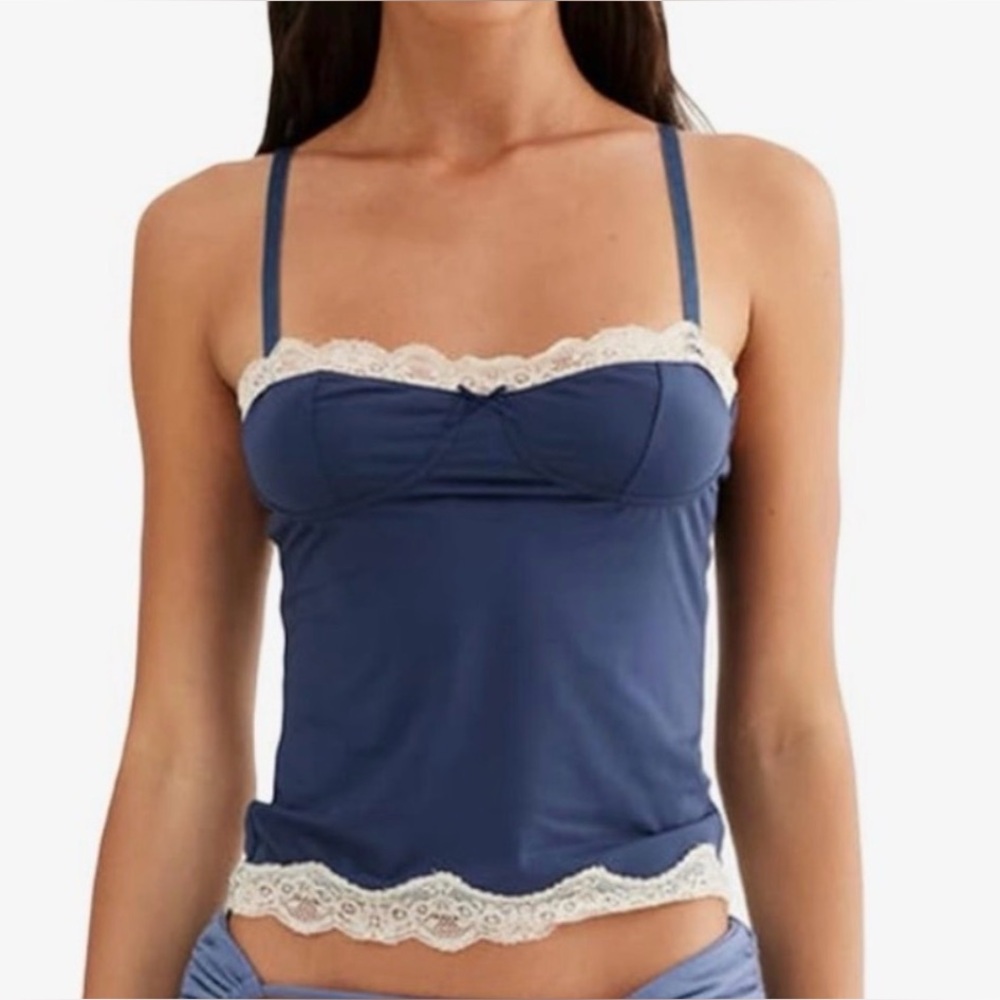 Lioness Navy Tank Top with Cream Lace Trim